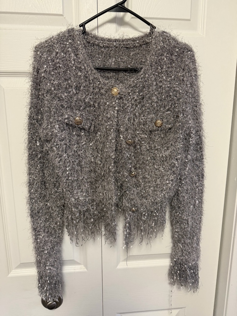 SHEIN Gray Metallic Fuzzy Button-Front Cardigan